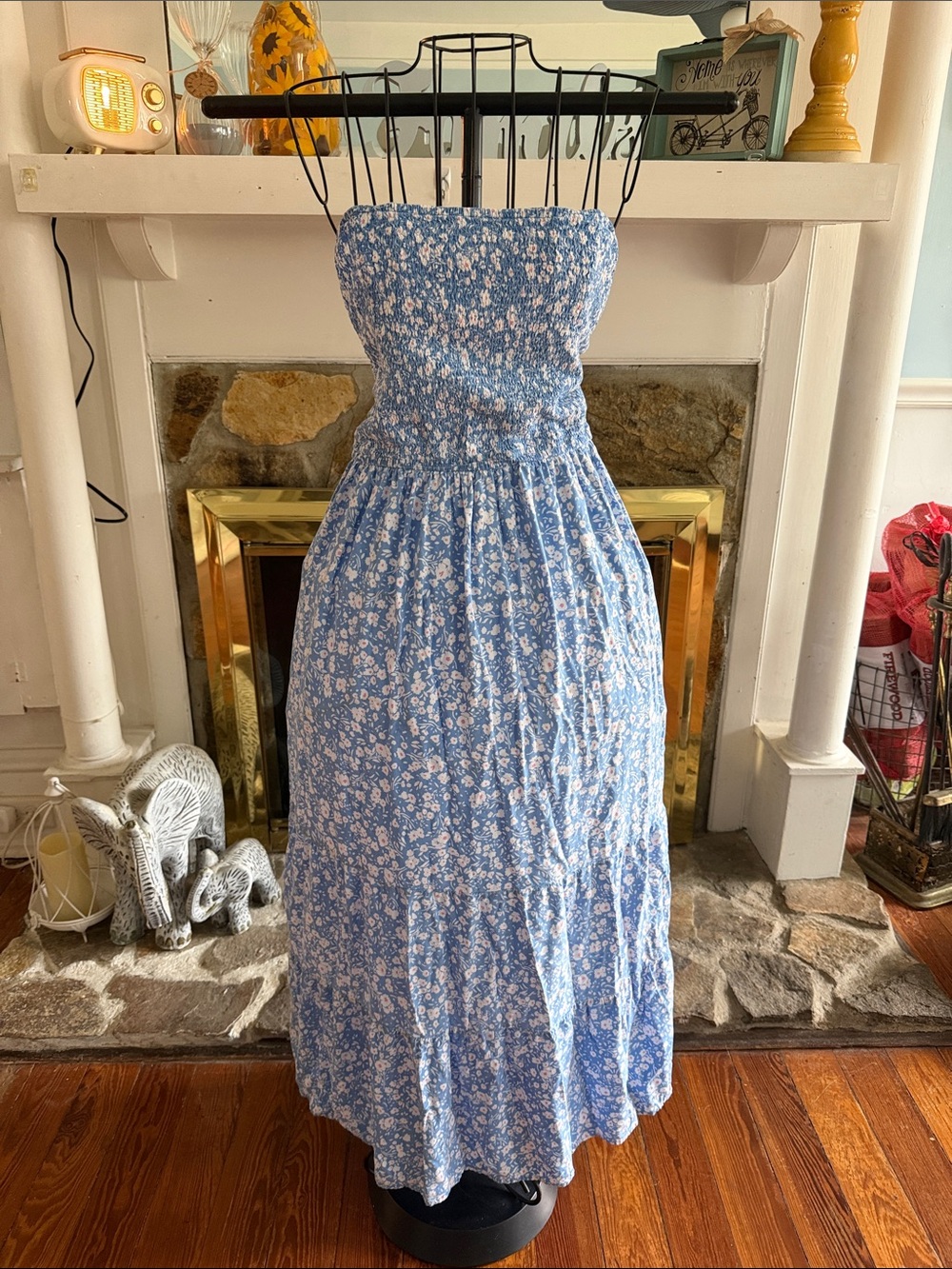 Blue Floral Strapless Smocked Midi Dress
